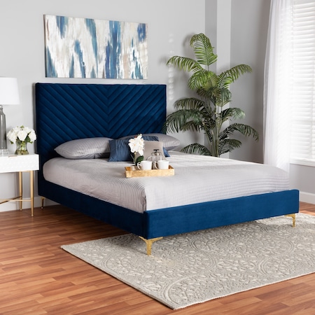 Baxton Studio Fabrico Glam and Luxe Navy Blue Velvet Upholstered and Gold Metal Queen Size Platform Bed 214-10941-ZORO